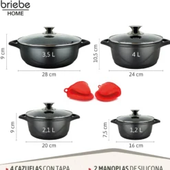 Briebe Batería De Cocina Inducción 8 Piezas Aluminio Fundido 4 Ollas Con Tapa De Cristal Antiadherente, Mgk-17, Negro