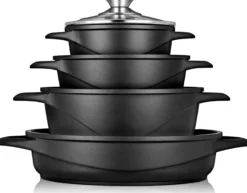 Briebe Batería De Cocina Inducción 8 Piezas Aluminio Fundido 4 Ollas Con Tapa De Cristal Antiadherente, Mgk-17, Negro
