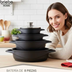 Briebe Batería De Cocina Inducción 8 Piezas Aluminio Fundido 4 Ollas Con Tapa De Cristal Antiadherente, Mgk-17, Negro