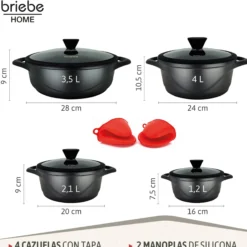 Briebe Batería De Cocina Inducción 8 Piezas Aluminio Fundido 4 Ollas Con Tapa De Cristal Antiadherente, Mgk-17s, Negro