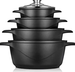 Briebe Batería De Cocina Inducción 8 Piezas Aluminio Fundido 4 Ollas Con Tapa De Cristal Antiadherente, Mgk-12, Negro