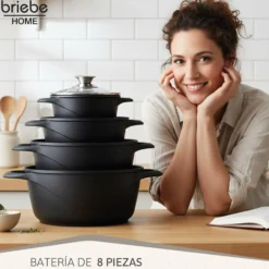 Briebe Batería De Cocina Inducción 8 Piezas Aluminio Fundido 4 Ollas Con Tapa De Cristal Antiadherente, Mgk-12, Negro