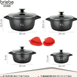 Briebe Batería De Cocina Inducción 8 Piezas Aluminio Fundido 4 Ollas Con Tapa De Cristal Antiadherente, Mgk-12, Negro