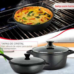 Briebe Batería De Cocina Inducción 10 Piezas Aluminio Fundido 3 Ollas 2 Sartenes Antiadherente Tapas, Mgk1819, Negro