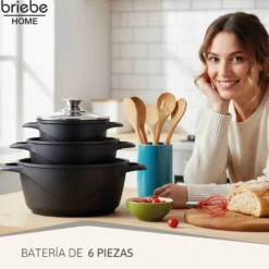 Briebe Batería De Cocina Inducción 6 Piezas Aluminio Fundido 3 Ollas Con Tapa De Cristal Antiadherente, Mgk-18, Negro