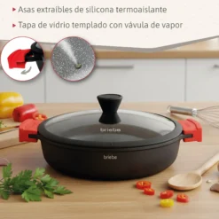 Briebe Cacerola Baja Cocina Inducción Antiadherente Titanio, Cazuela 24cm, Aluminio Fundido Sin Pfoa, Black Titanium