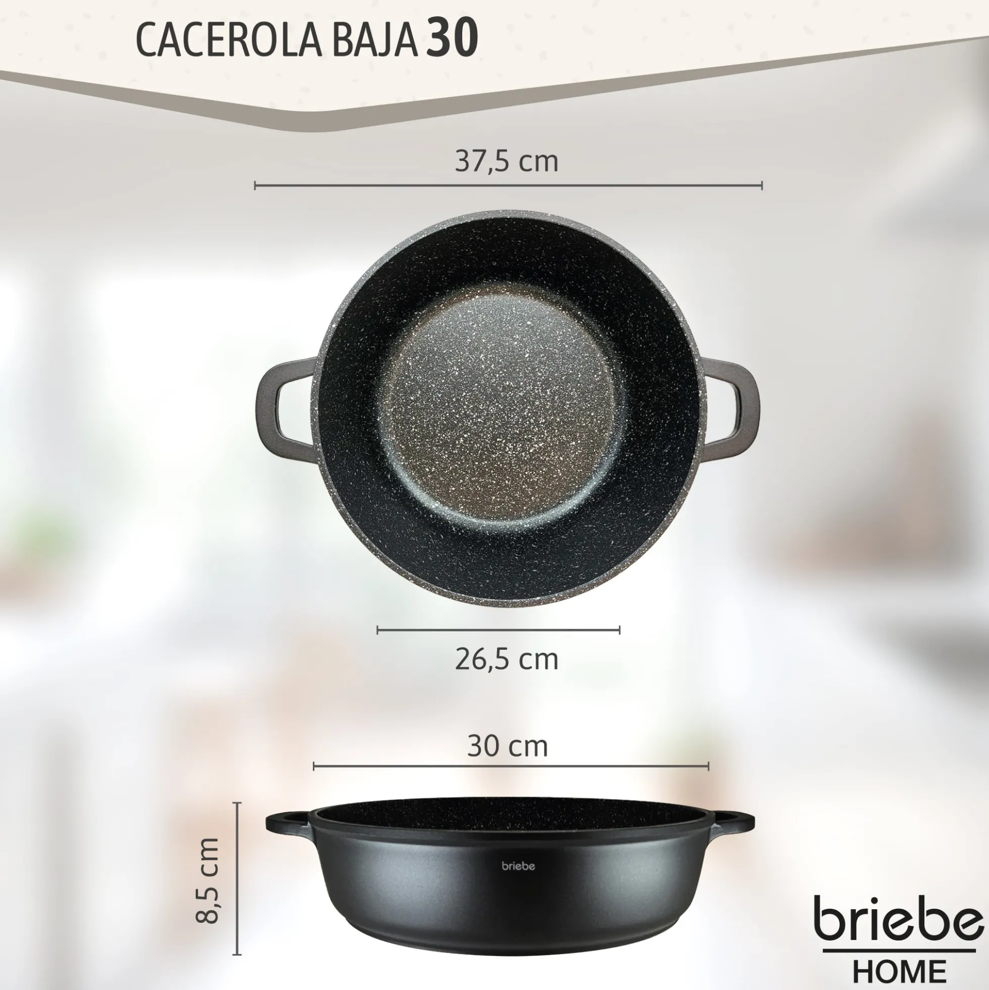 Briebe Cacerola Baja Cocina Inducción Antiadherente Titanio, Cazuela 30cm, Aluminio Fundido Sin Pfoa, Black Titanium