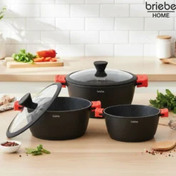 Briebe Cacerola Cocina Inducción Antiadherente Titanio, Cazuela 28cm, Aluminio Fundido Sin Pfoa, Tapa, Black Titanium