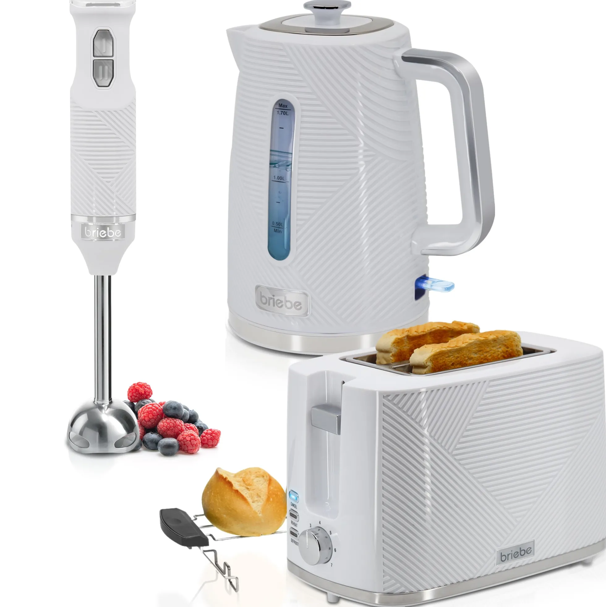 Briebe Elegance Set Tostadora Pan 2 Rebanadas + Hervidor Agua Eléctrico Inalámbrico + Batidora De Mano