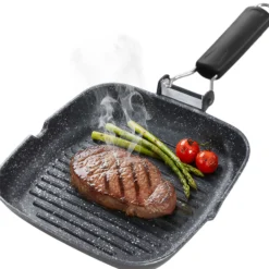 Briebe Grill Asador, Inducción, Antiadherente Titanio 20x20cm Aluminio Fundido Sin Pfoa Mango Plegable, Gp1157, Negro