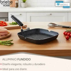 Briebe Grill Asador, Inducción, Antiadherente Titanio 20x20cm Aluminio Fundido Sin Pfoa Mango Plegable, Gp1157, Negro