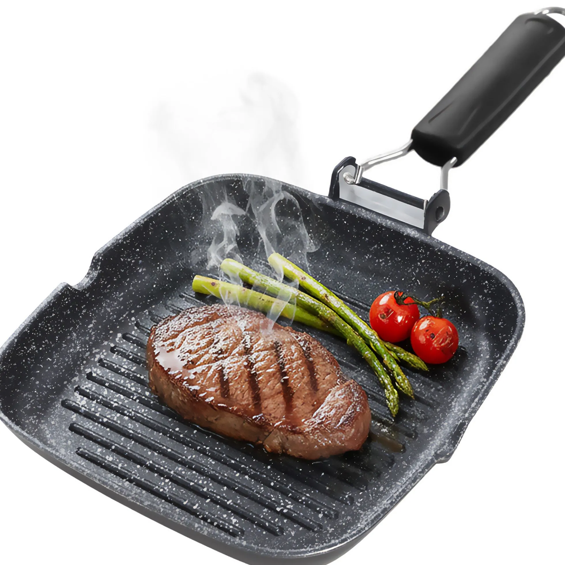 Briebe Grill Asador, Inducción, Antiadherente Titanio 28x28cm Aluminio Fundido Sin Pfoa Mango Plegable, Gp1159, Negro