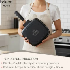 Briebe Grill Asador, Inducción, Antiadherente Titanio 28x28cm Aluminio Fundido Sin Pfoa Mango Plegable, Gp1159, Negro