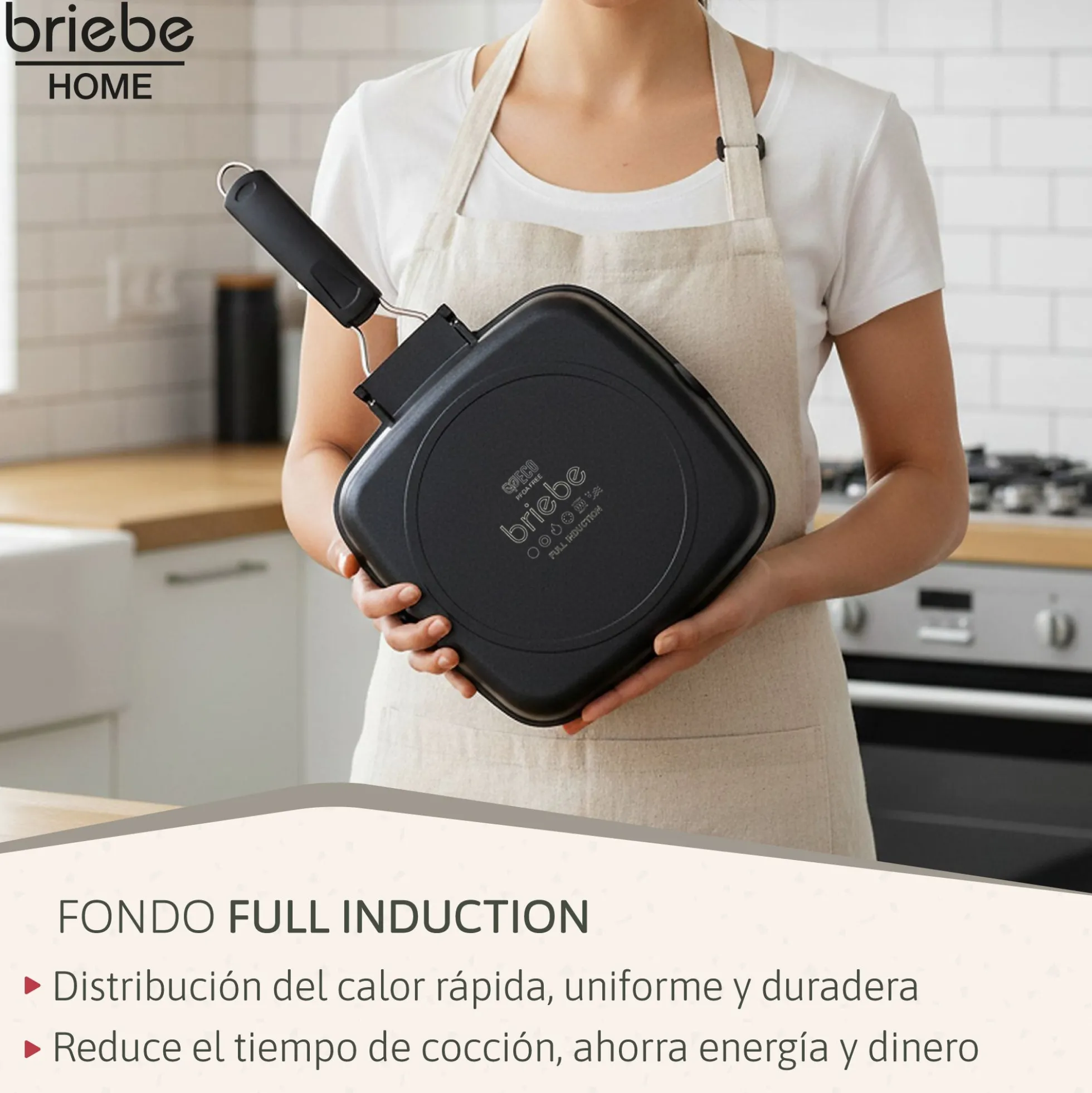 Briebe Grill Asador, Inducción, Antiadherente Titanio 28x28cm Aluminio Fundido Sin Pfoa Mango Plegable, Gp1159, Negro