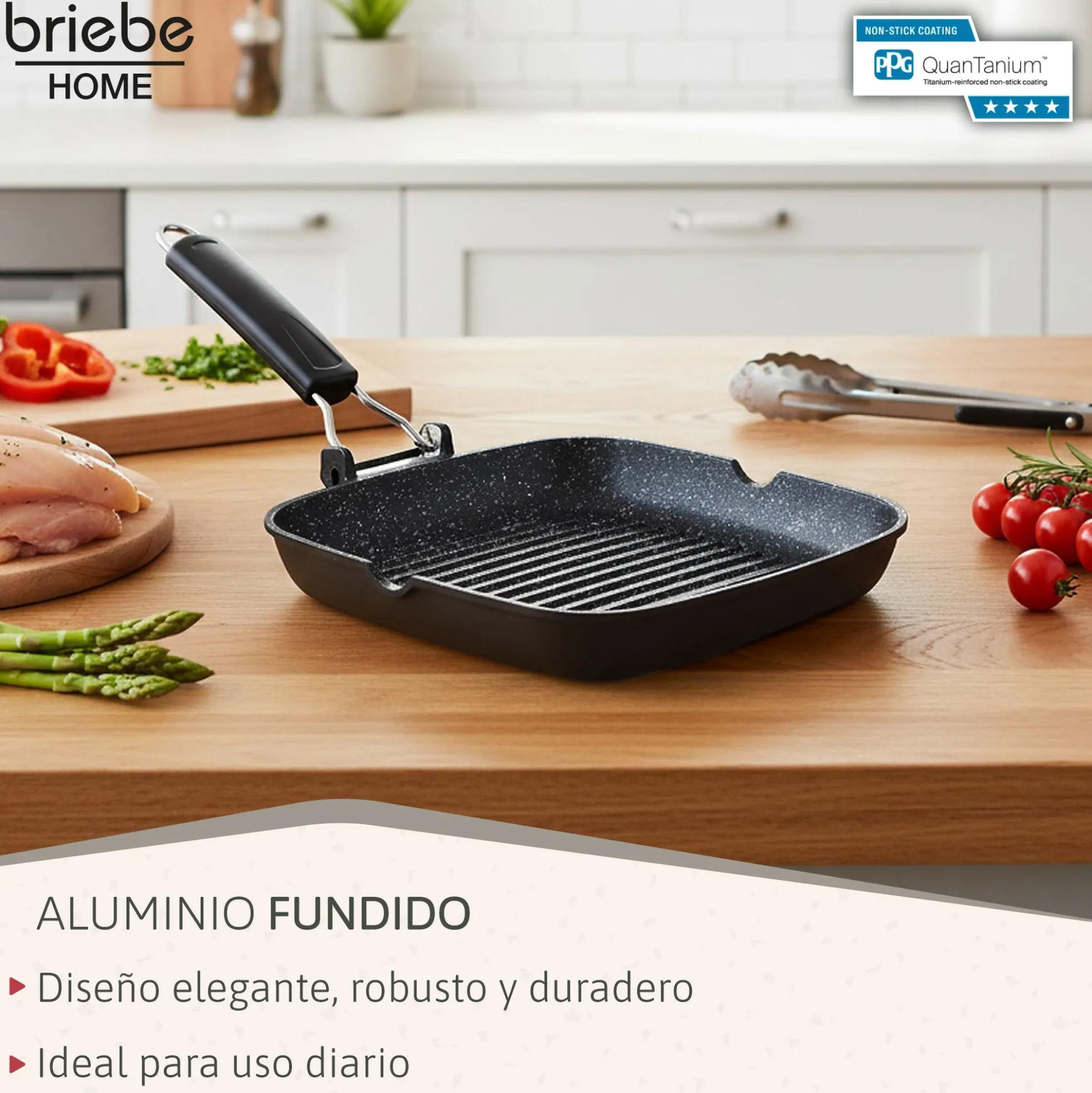 Briebe Grill Asador, Inducción, Antiadherente Titanio 28x28cm Aluminio Fundido Sin Pfoa Mango Plegable, Gp1159, Negro