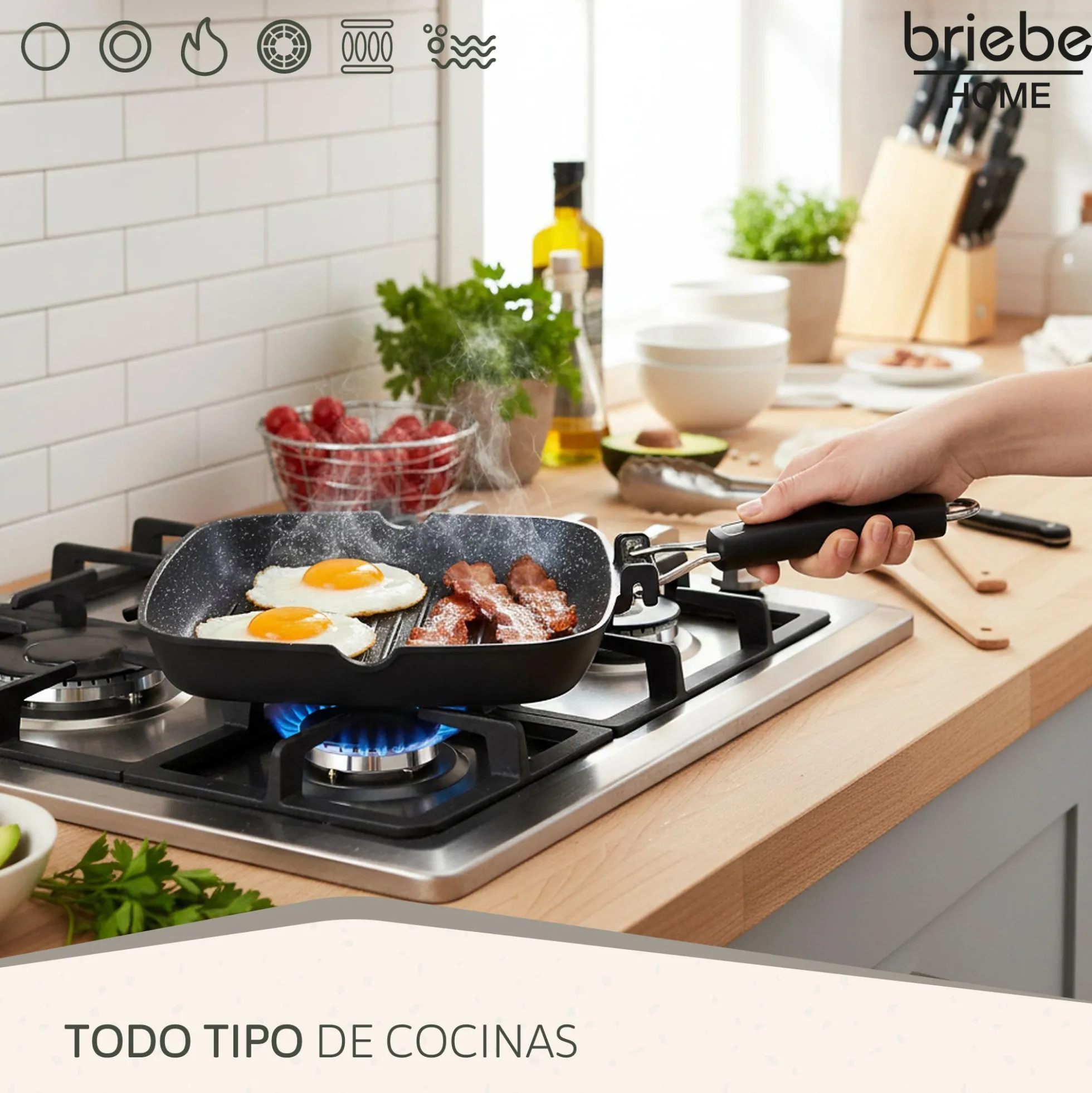 Briebe Grill Asador, Inducción, Antiadherente Titanio 28x28cm Aluminio Fundido Sin Pfoa Mango Plegable, Gp1159, Negro