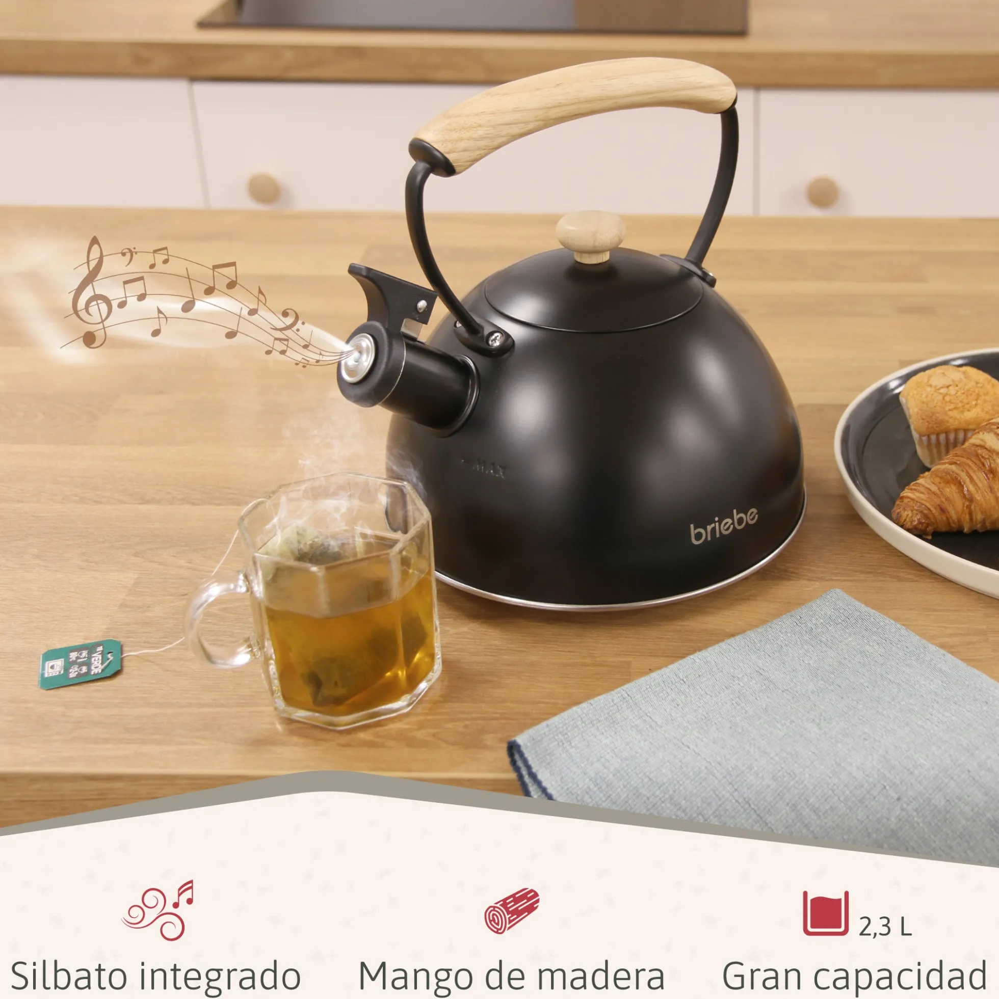 Briebe Nordic Set Tostadora Pan Ranura Ancha 2 Rebanadas + Tetera 2,3l Acero Inox, Inducción Libre Bpa, Skt1177blk,negro