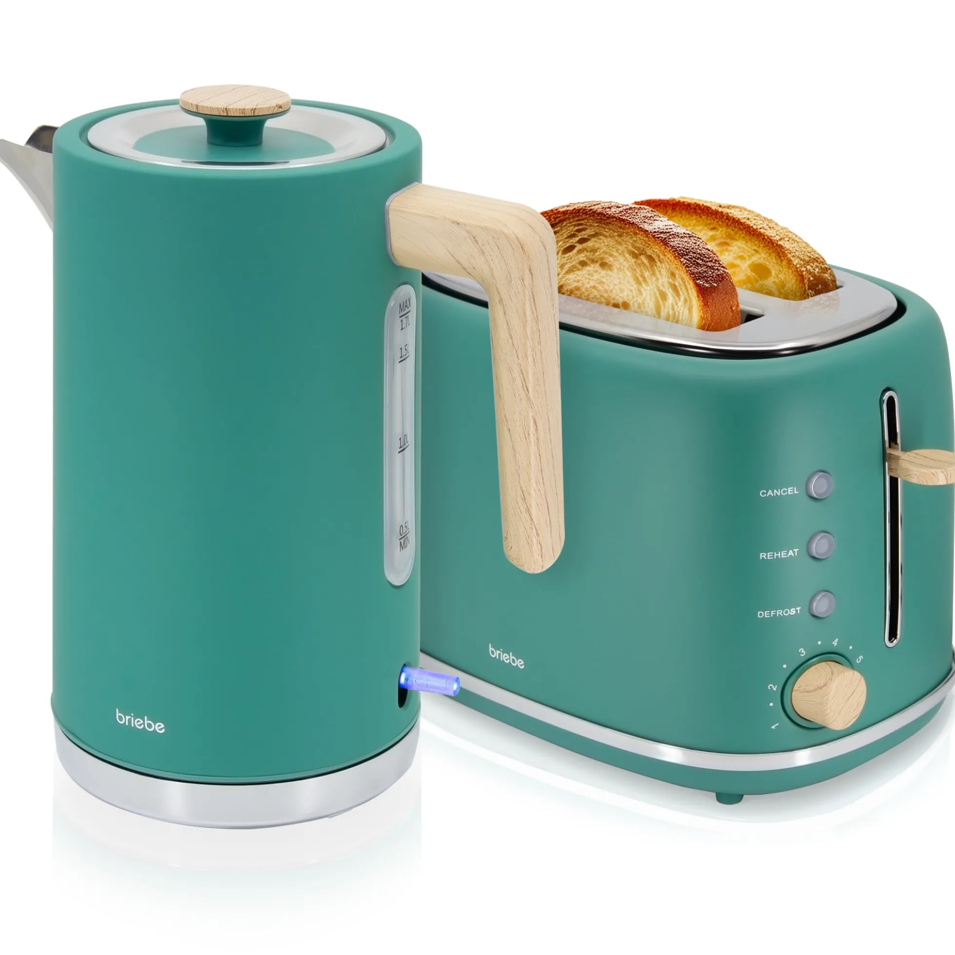 Briebe Nordic Set Tostadora Pan Ranura Ancha 2 Rebanadas + Hervidor Agua Eléctrico 1,7l Inalámbrico, Skt1167gre, Verde