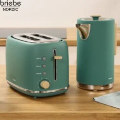 Briebe Nordic Set Tostadora Pan Ranura Ancha 2 Rebanadas + Hervidor Agua Eléctrico 1,7l Inalámbrico, Skt1167gre, Verde
