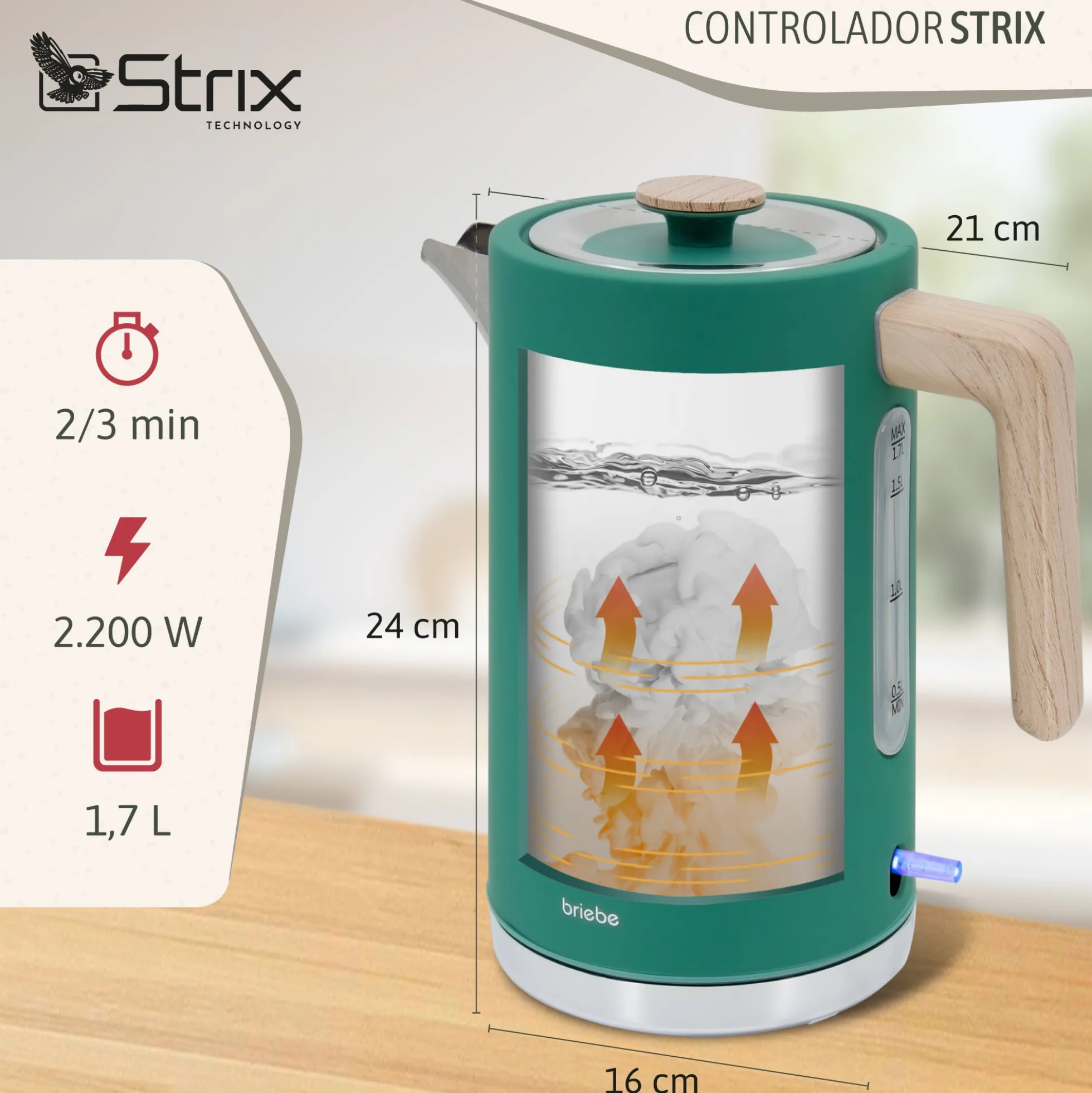 Briebe Nordic Set Tostadora Pan Ranura Ancha 2 Rebanadas + Hervidor Agua Eléctrico 1,7l Inalámbrico, Skt1167gre, Verde