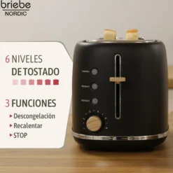 Briebe Nordic Tostadora Pan Ranura Ancha, Tostador 2 Rebanadas, 6 Niveles Tostado, Calientapanecillos, Ta1166blk, Negro