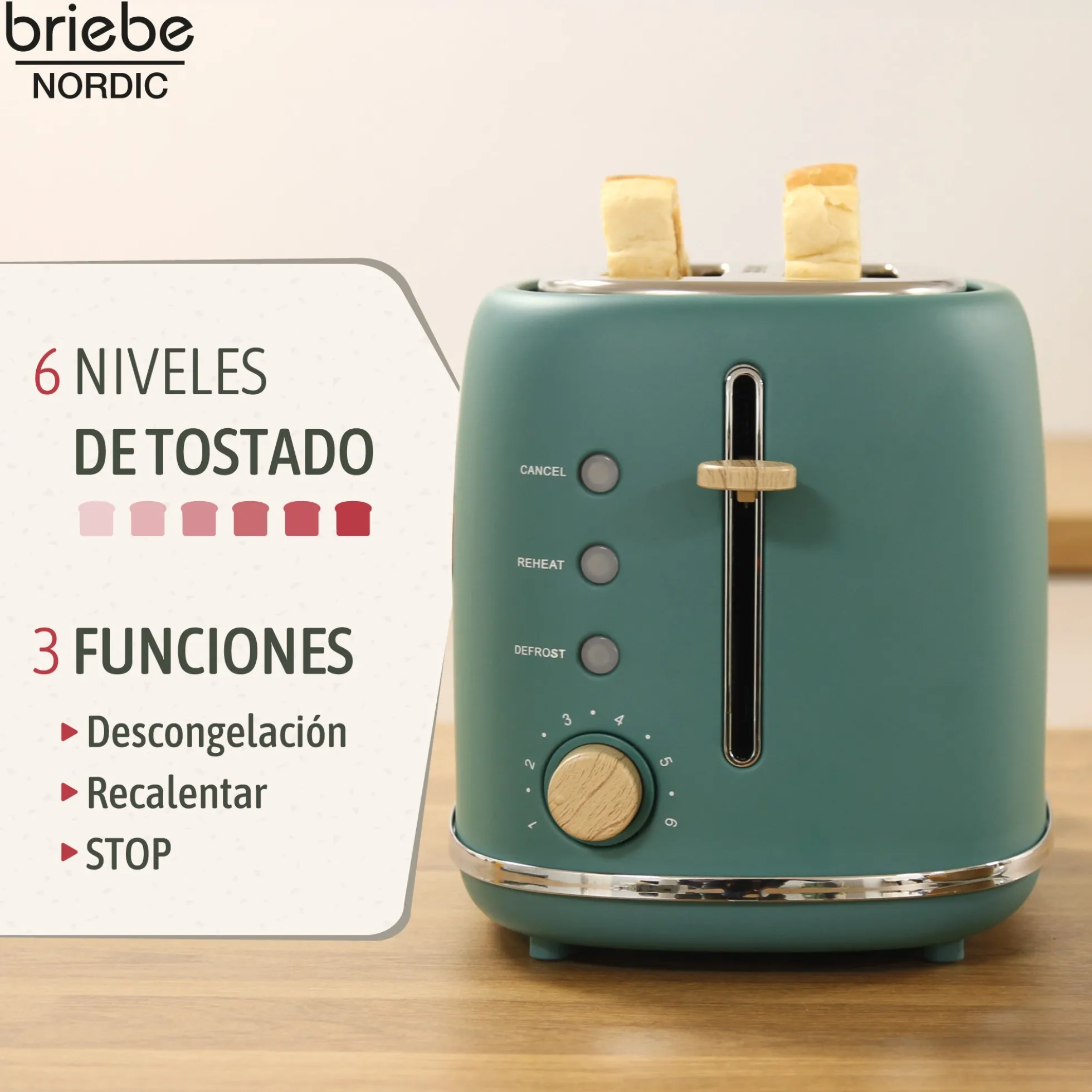 Briebe Nordic Tostadora Pan Ranura Ancha, Tostador 2 Rebanadas, 6 Niveles Tostado, Calientapanecillos, Ta1166gre, Verde