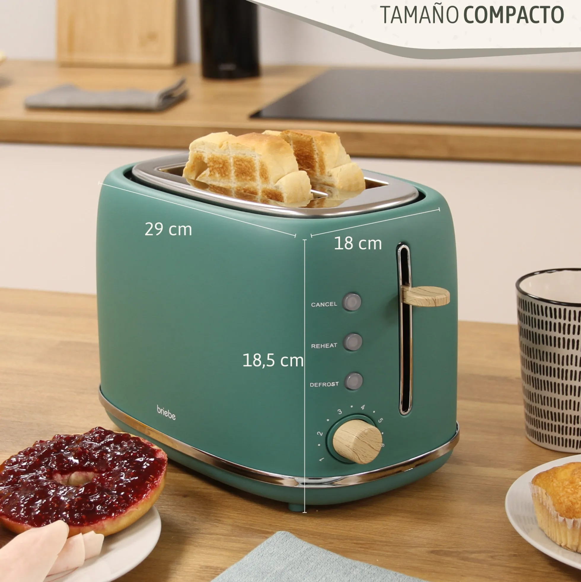 Briebe Nordic Tostadora Pan Ranura Ancha, Tostador 2 Rebanadas, 6 Niveles Tostado, Calientapanecillos, Ta1166gre, Verde