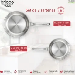 Briebe Pure Inox Juego De 2 Sartenes Acero Inoxidable Inducción 20-24 Cm, 3 Capas Tri-ply, Sin Antiadherente