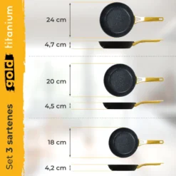 Briebe Set 3 Sartenes Antiadherentes Inducción Titanio 18-20-24cm, Aluminio Forjado Antiadherente, Gold Titanium