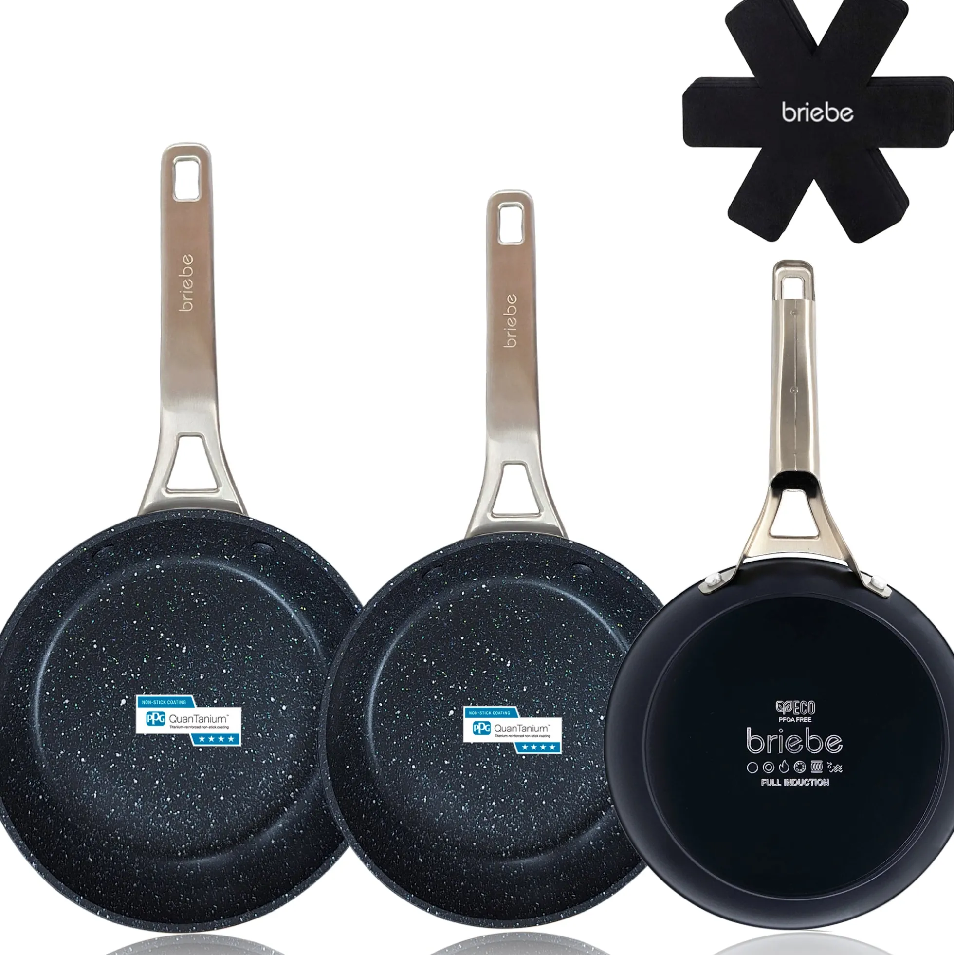 Briebe Set 3 Sartenes Antiadherentes Inducción Titanio 20-24-28cm, Aluminio Forjado Antiadherente, Black Titanium