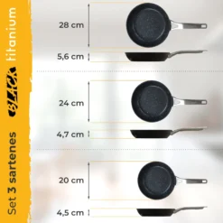 Briebe Set 3 Sartenes Antiadherentes Inducción Titanio 20-24-28cm, Aluminio Forjado Antiadherente, Black Titanium