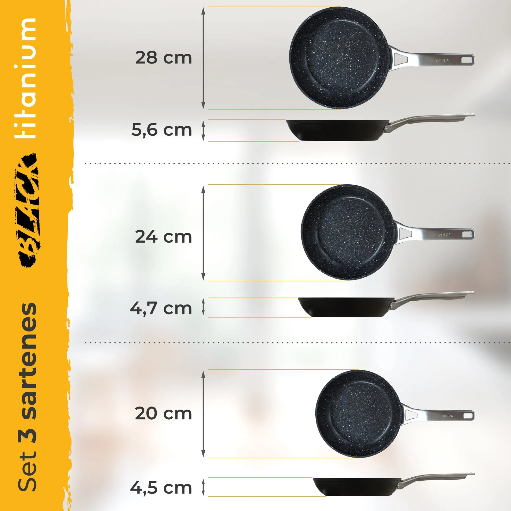 Briebe Set 3 Sartenes Antiadherentes Inducción Titanio 20-24-28cm, Aluminio Forjado Antiadherente, Black Titanium