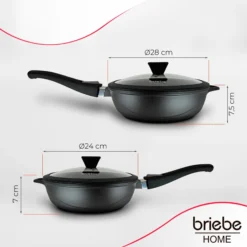 Briebe Set 2 Sartenes Inducción Antiadherentes, Mango Extraíble, Hondas, 24/ 28 Cm Sin Pfoa, Tapas, Mgk19s, Negro