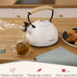 Briebe Tetera Con Silbato, Hervidor De Agua 2,3l, Inducción, Acero Inox, Vintage, Mango Madera, Nordic, Blanco