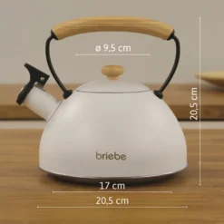 Briebe Tetera Con Silbato, Hervidor De Agua 2,3l, Inducción, Acero Inox, Vintage, Mango Madera, Nordic, Blanco