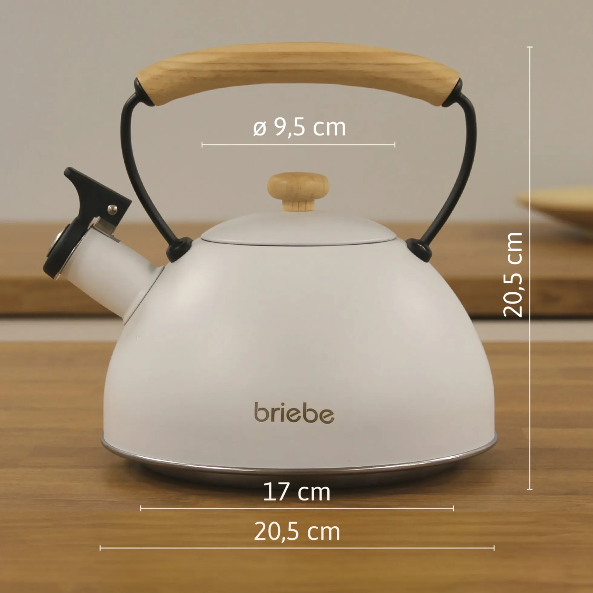 Briebe Tetera Con Silbato, Hervidor De Agua 2,3l, Inducción, Acero Inox, Vintage, Mango Madera, Nordic, Blanco