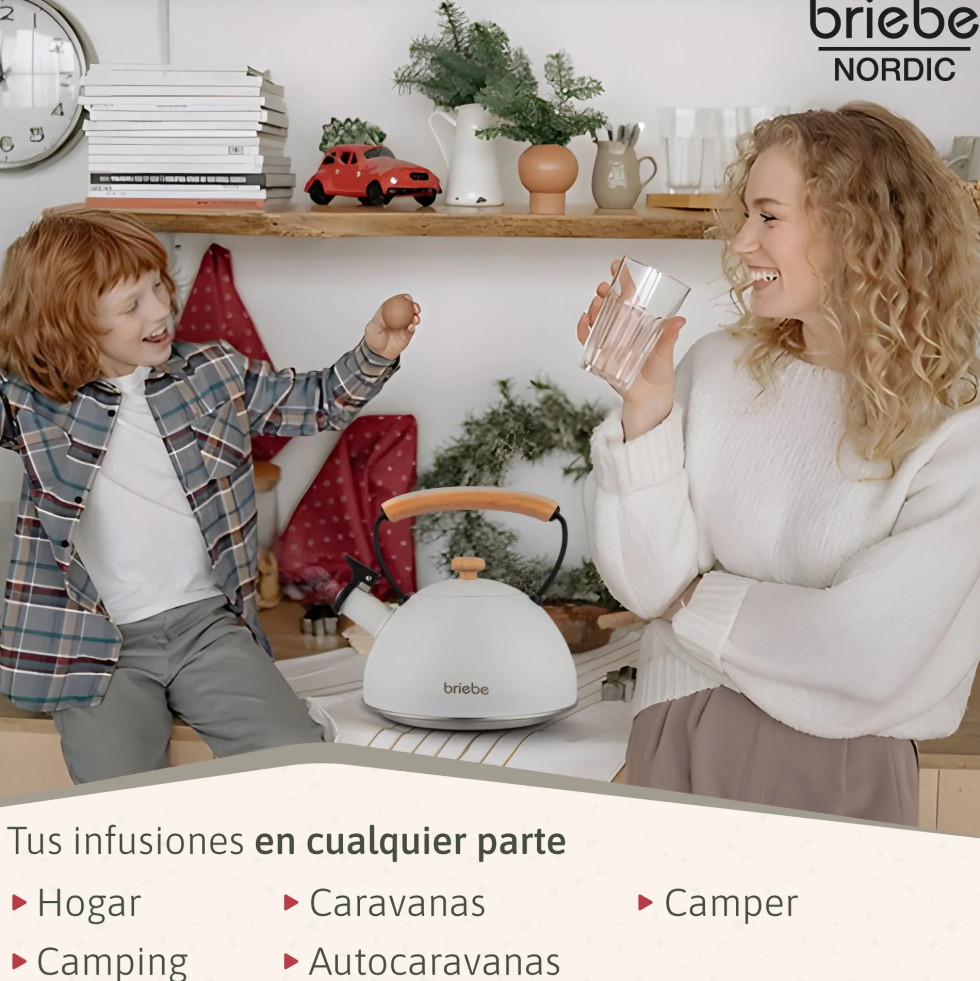 Briebe Tetera Con Silbato, Hervidor De Agua 2,3l, Inducción, Acero Inox, Vintage, Mango Madera, Nordic, Blanco