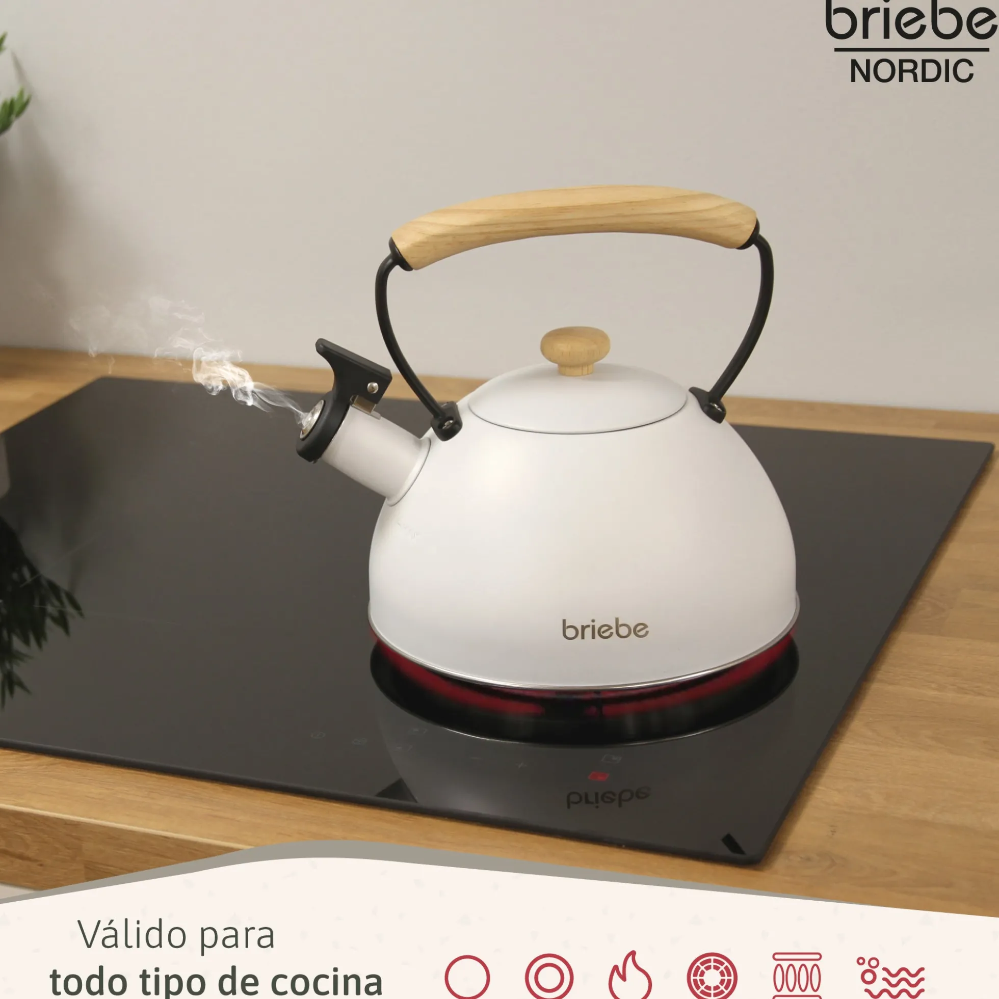 Briebe Tetera Con Silbato, Hervidor De Agua 2,3l, Inducción, Acero Inox, Vintage, Mango Madera, Nordic, Blanco