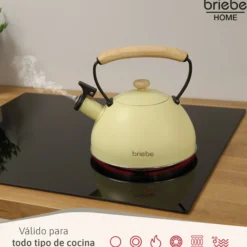 Briebe Tetera Con Silbato, Hervidor De Agua 2,3l, Inducción, Acero Inox, Vintage, Mango Madera, Pastel, Amarillo