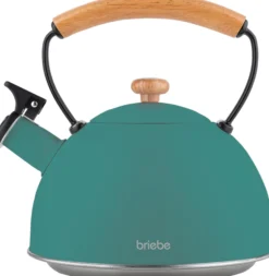 Briebe Tetera Con Silbato, Hervidor De Agua 2,3l, Inducción, Acero Inox, Vintage, Mango Madera, Nordic, Verde