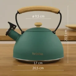 Briebe Tetera Con Silbato, Hervidor De Agua 2,3l, Inducción, Acero Inox, Vintage, Mango Madera, Nordic, Verde