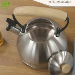 Briebe Tetera Con Silbato, Hervidor De Agua 2,3l, Inducción, Acero Inox, Vintage, Mango Madera, Wooden, Acero Inox