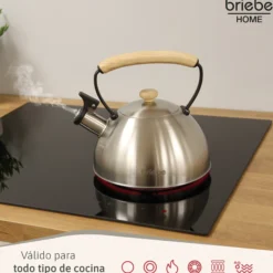 Briebe Tetera Con Silbato, Hervidor De Agua 2,3l, Inducción, Acero Inox, Vintage, Mango Madera, Wooden, Acero Inox