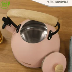 Briebe Tetera Con Silbato, Hervidor De Agua 2,3l, Inducción, Acero Inox, Vintage, Mango Madera, Pastel, Rosa