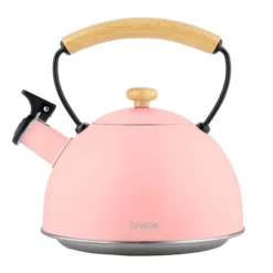 Briebe Tetera Con Silbato, Hervidor De Agua 2,3l, Inducción, Acero Inox, Vintage, Mango Madera, Pastel, Rosa