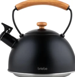 Briebe Tetera Con Silbato, Hervidor De Agua 2,3l, Inducción, Acero Inox, Vintage, Mango Madera, Wooden, Negro