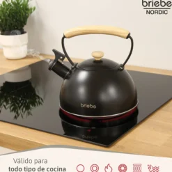 Briebe Tetera Con Silbato, Hervidor De Agua 2,3l, Inducción, Acero Inox, Vintage, Mango Madera, Wooden, Negro