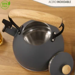 Briebe Tetera Con Silbato, Hervidor De Agua 2,3l, Inducción, Acero Inox, Vintage, Mango Madera, Nordic, Gris