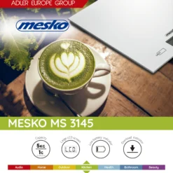 Báscula De Cocina Digital Extraplana, Plataforma Vidrio, Precisión 1gr Hasta 5 Kg, Función Tara Mesko Ms3145 Gris