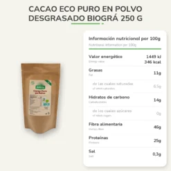 Cacao ECO puro en polvo desgrasado Biográ 250 g